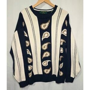 Embassy Row Retro Paisley Knit Sweater Navy Cream Textured Crewneck Grandpacore‎